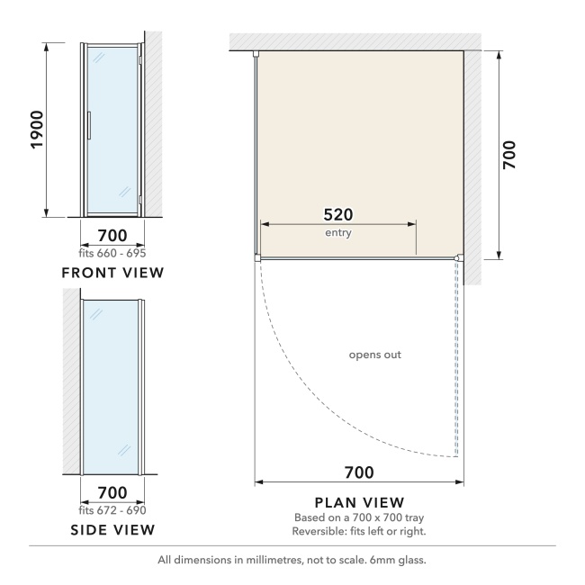 Delphi Calibre Matt Black 6mm Hinged Door Shower Enclosure 700mm x 700mm  | Dimension Image