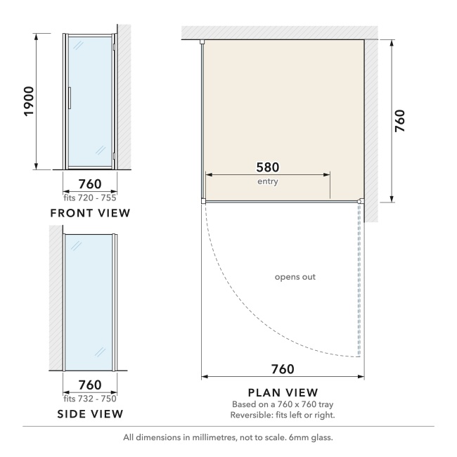 Delphi Calibre Chrome 6mm Hinged Door Shower Enclosure 760mm x 760mm  | Dimension Image