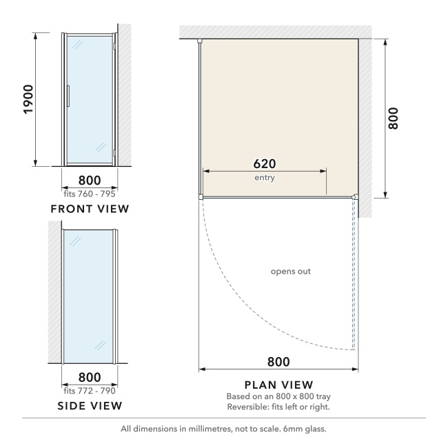 Delphi Calibre Chrome 6mm Hinged Door Shower Enclosure 800mm x 800mm  | Dimension Image