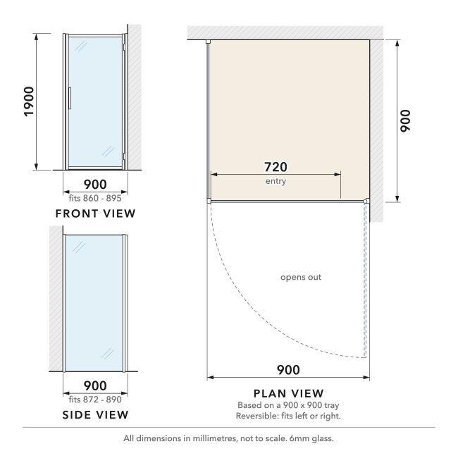 Delphi Calibre Chrome 6mm Hinged Door Shower Enclosure 900mm x 900mm  | Dimension Image