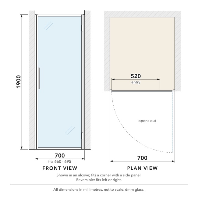 Delphi Calibre Matt Black 6mm Hinged Shower Door 700mm Wide  | Dimension Image