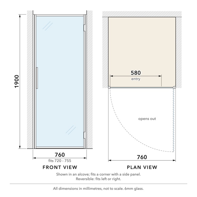 Delphi Calibre Chrome 6mm Hinged Shower Door 760mm Wide  | Dimension Image