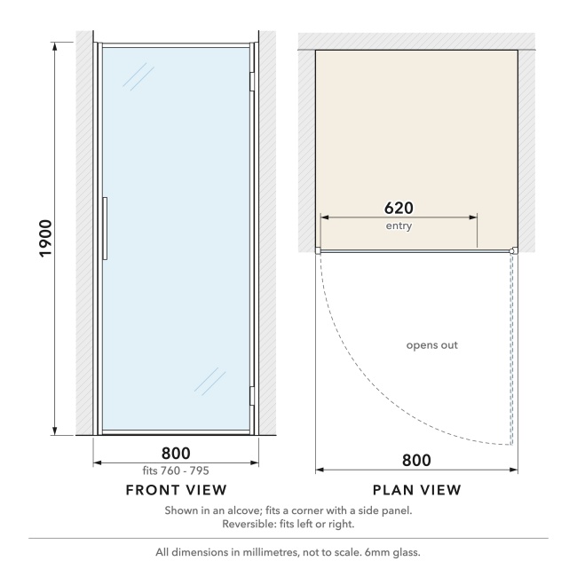 Delphi Calibre Chrome 6mm Hinged Shower Door 800mm Wide  | Dimension Image