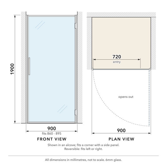 Delphi Calibre Chrome 6mm Hinged Shower Door 900mm Wide  | Dimension Image