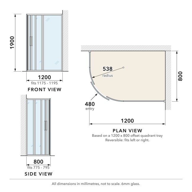 Delphi Calibre Brushed Brass 6mm Offset Quadrant Shower Enclosure 1200mm x 800mm  | Dimension Image