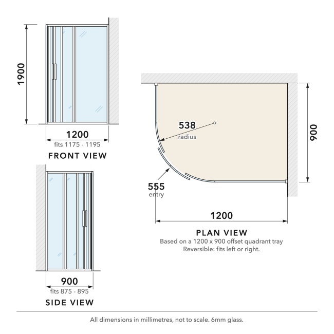 Delphi Calibre Chrome 6mm Offset Quadrant Shower Enclosure 1200mm x 900mm  | Dimension Image