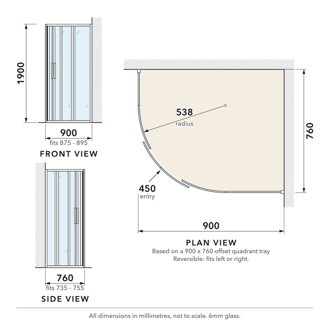 Delphi Calibre Chrome 6mm Offset Quadrant Shower Enclosure 900mm x 760mm  | Dimension Image