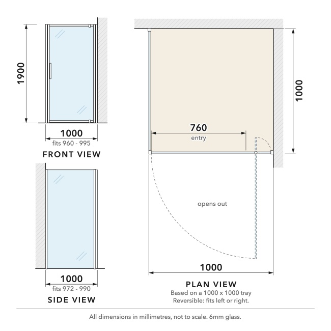 Delphi Calibre Chrome 6mm Pivot Door Shower Enclosure 1000mm x 1000mm  | Dimension Image