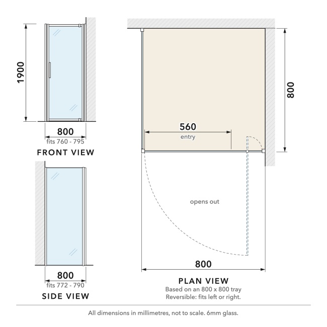 Delphi Calibre Matt Black 6mm Pivot Door Shower Enclosure 800mm x 800mm  | Dimension Image