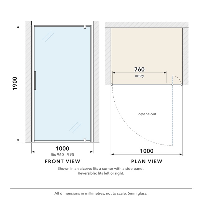 Delphi Calibre Chrome 6mm Pivot Shower Door 1000mm Wide  | Dimension Image