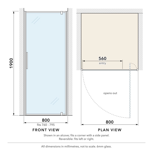 Delphi Calibre Matt Black 6mm Pivot Shower Door 800mm Wide  | Dimension Image