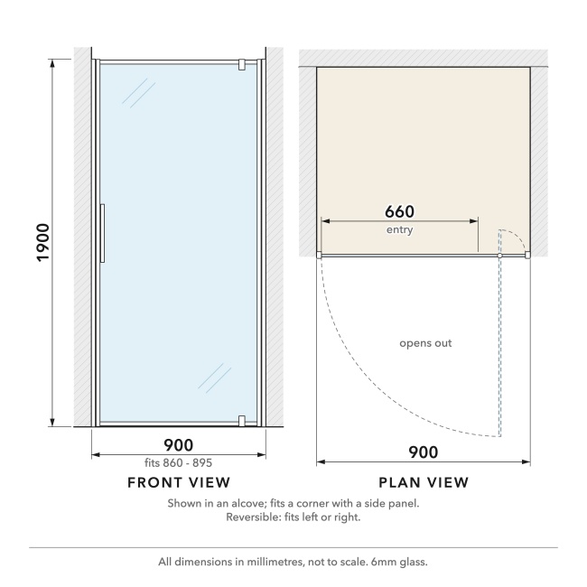 Delphi Calibre Chrome 6mm Pivot Shower Door 900mm Wide  | Dimension Image