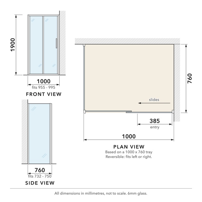 Delphi Calibre Chrome 6mm Sliding Door Shower Enclosure 1000mm x 760mm  | Dimension Image