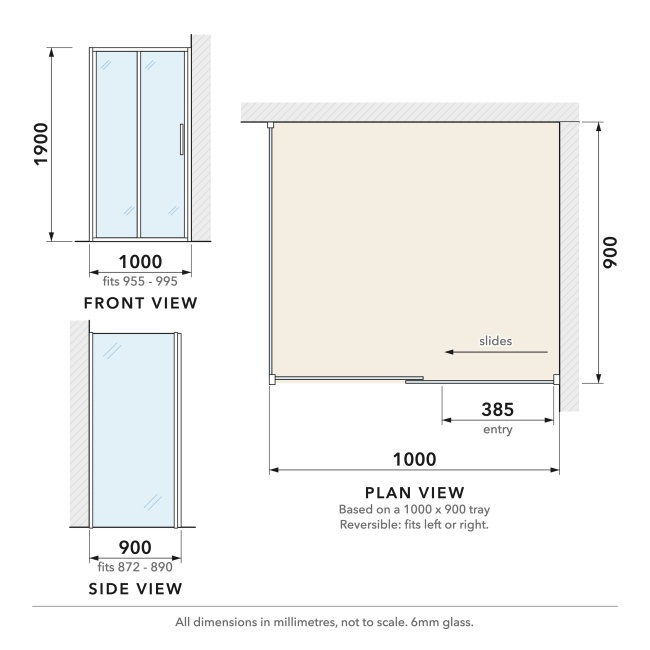 Delphi Calibre Chrome 6mm Sliding Door Shower Enclosure 1000mm x 900mm  | Dimension Image