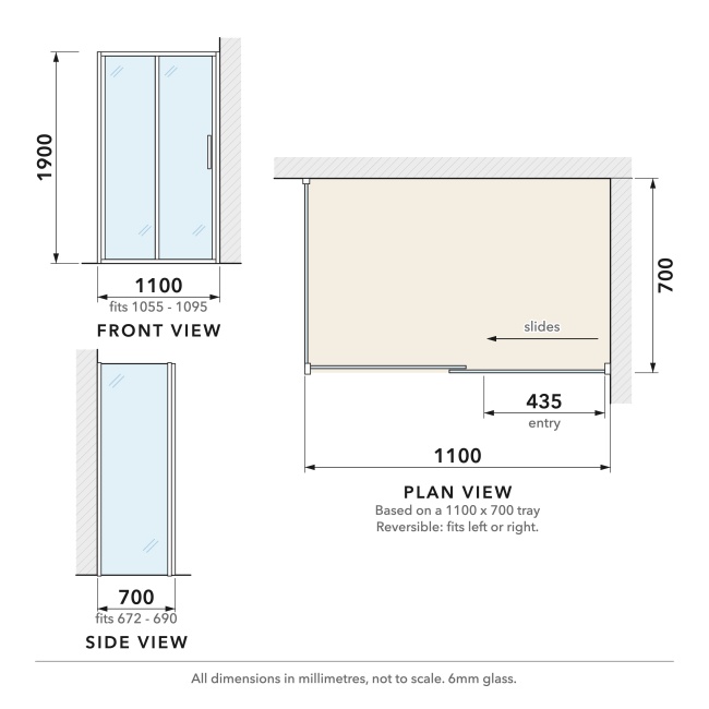 Delphi Calibre Chrome 6mm Sliding Door Shower Enclosure 1100mm x 700mm  | Dimension Image