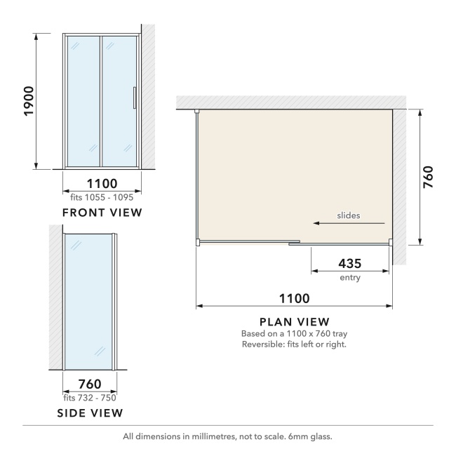 Delphi Calibre Chrome 6mm Sliding Door Shower Enclosure 1100mm x 760mm  | Dimension Image