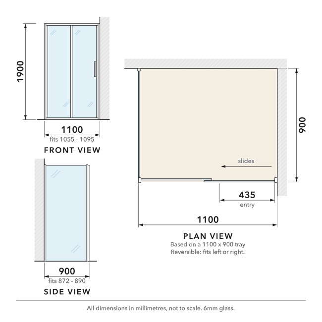 Delphi Calibre Chrome 6mm Sliding Door Shower Enclosure 1100mm x 900mm  | Dimension Image