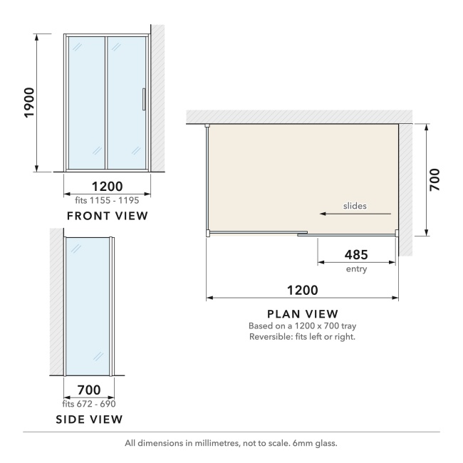 Delphi Calibre Chrome 6mm Sliding Door Shower Enclosure 1200mm x 700mm  | Dimension Image