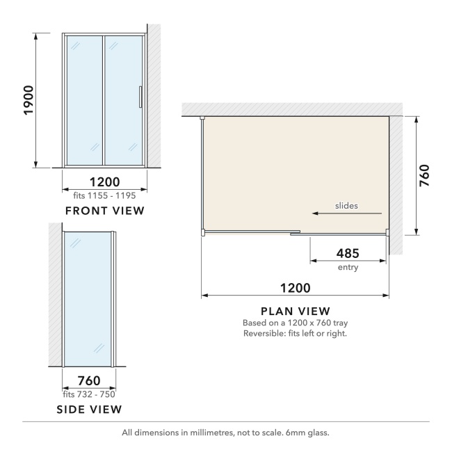 Delphi Calibre Chrome 6mm Sliding Door Shower Enclosure 1200mm x 760mm  | Dimension Image