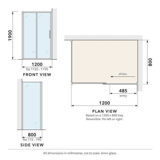 Delphi Calibre Chrome 6mm Sliding Door Shower Enclosure 1200mm x 800mm  | Dimension Image