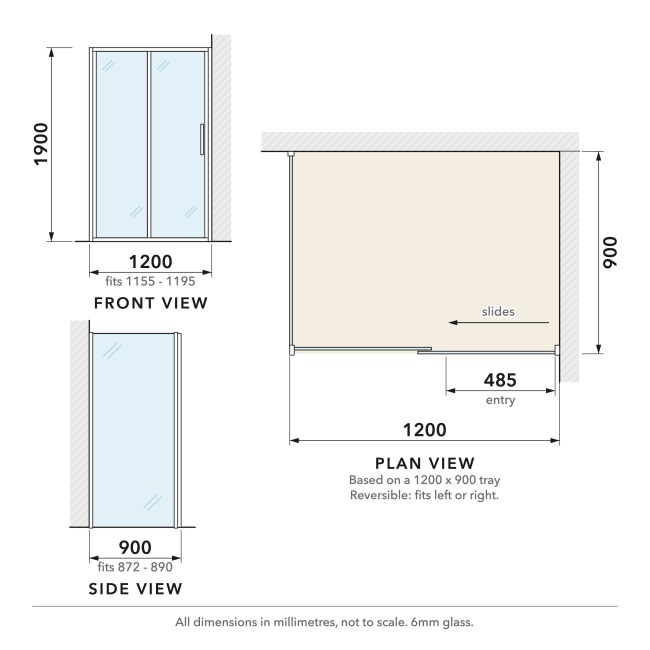 Delphi Calibre Brushed Brass 6mm Sliding Door Shower Enclosure 1200mm x 900mm  | Dimension Image