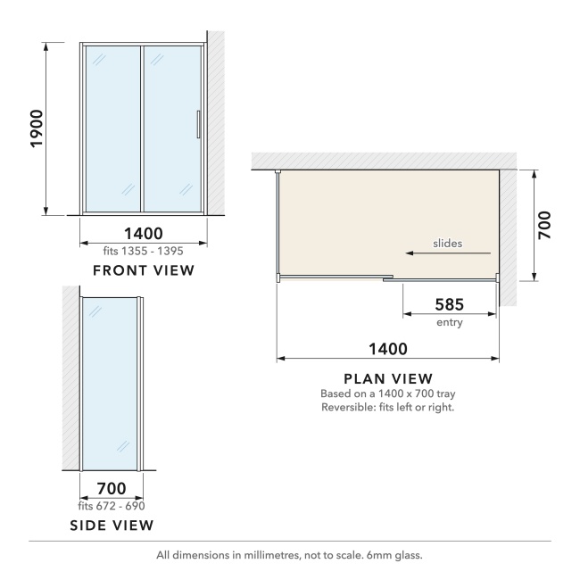 Delphi Calibre Chrome 6mm Sliding Door Shower Enclosure 1400mm x 700mm  | Dimension Image