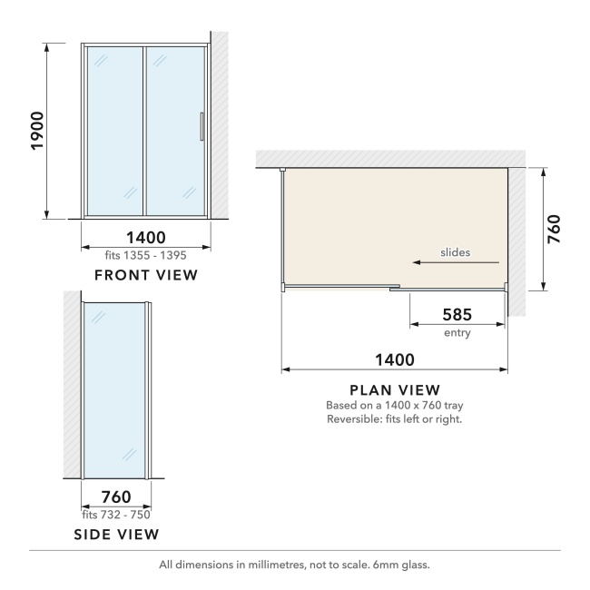 Delphi Calibre Chrome 6mm Sliding Door Shower Enclosure 1400mm x 760mm  | Dimension Image