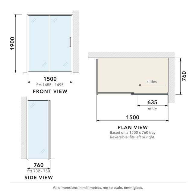 Delphi Calibre Chrome 6mm Sliding Door Shower Enclosure 1500mm x 760mm  | Dimension Image