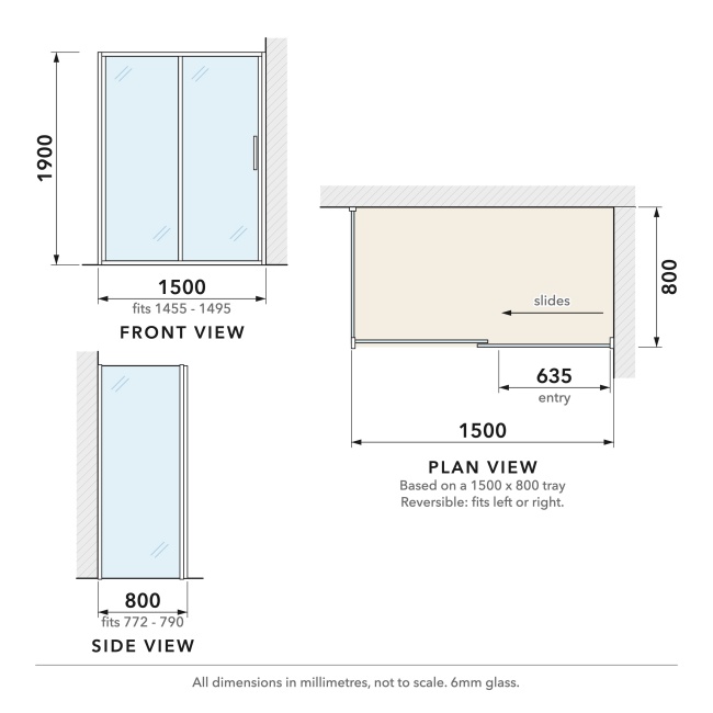 Delphi Calibre Chrome 6mm Sliding Door Shower Enclosure 1500mm x 800mm  | Dimension Image