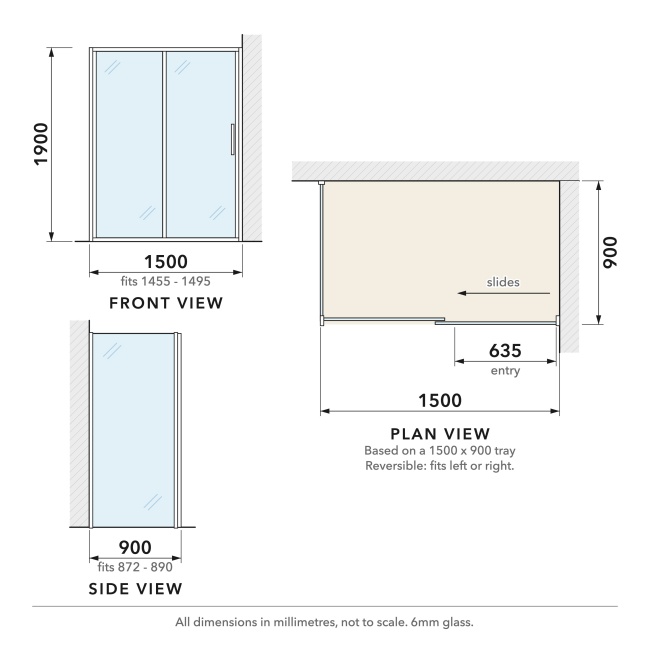 Delphi Calibre Chrome 6mm Sliding Door Shower Enclosure 1500mm x 900mm  | Dimension Image