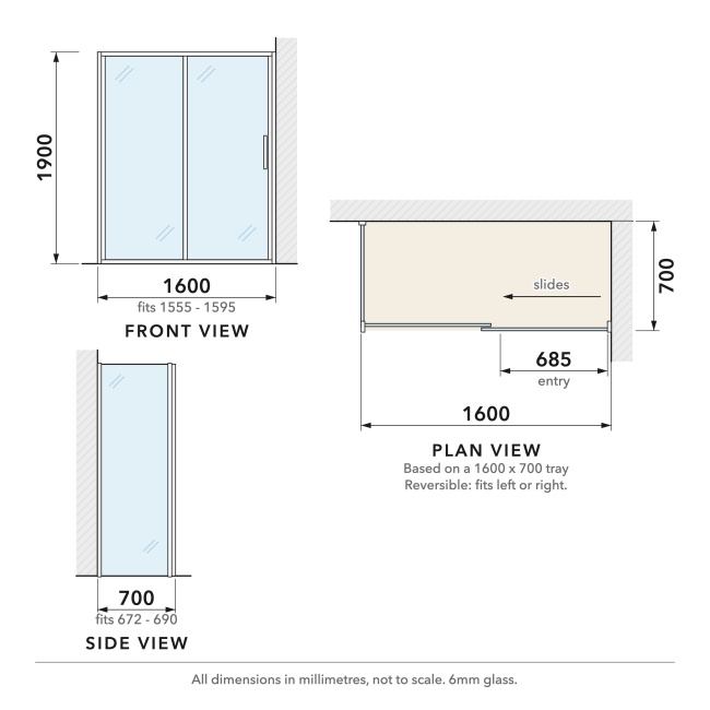 Delphi Calibre Chrome 6mm Sliding Door Shower Enclosure 1600mm x 700mm  | Dimension Image