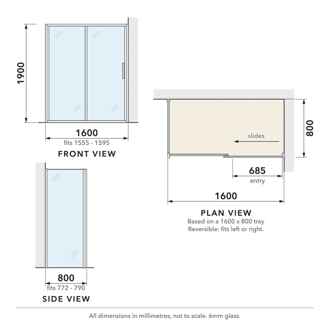 Delphi Calibre Chrome 6mm Sliding Door Shower Enclosure 1600mm x 800mm  | Dimension Image