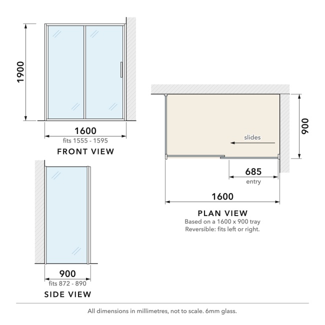 Delphi Calibre Chrome 6mm Sliding Door Shower Enclosure 1600mm x 900mm  | Dimension Image