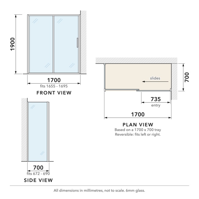Delphi Calibre Chrome 6mm Sliding Door Shower Enclosure 1700mm x 700mm  | Dimension Image