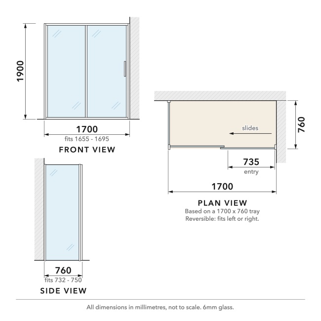 Delphi Calibre Chrome 6mm Sliding Door Shower Enclosure 1700mm x 760mm  | Dimension Image