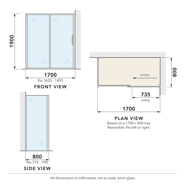 Delphi Calibre Chrome 6mm Sliding Door Shower Enclosure 1700mm x 800mm  | Dimension Image