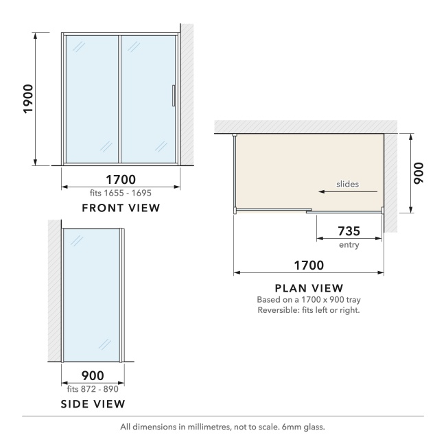 Delphi Calibre Chrome 6mm Sliding Door Shower Enclosure 1700mm x 900mm  | Dimension Image