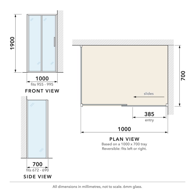 Delphi Calibre Chrome 6mm Sliding Door Shower Enclosure 1000mm x 700mm  | Dimension Image