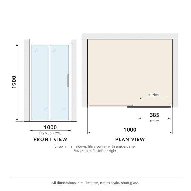 Delphi Calibre Chrome 6mm Sliding Shower Door 1000mm Wide  | Dimension Image