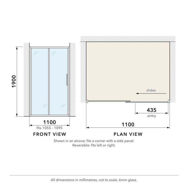 Delphi Calibre Chrome 6mm Sliding Shower Door 1100mm Wide  | Dimension Image