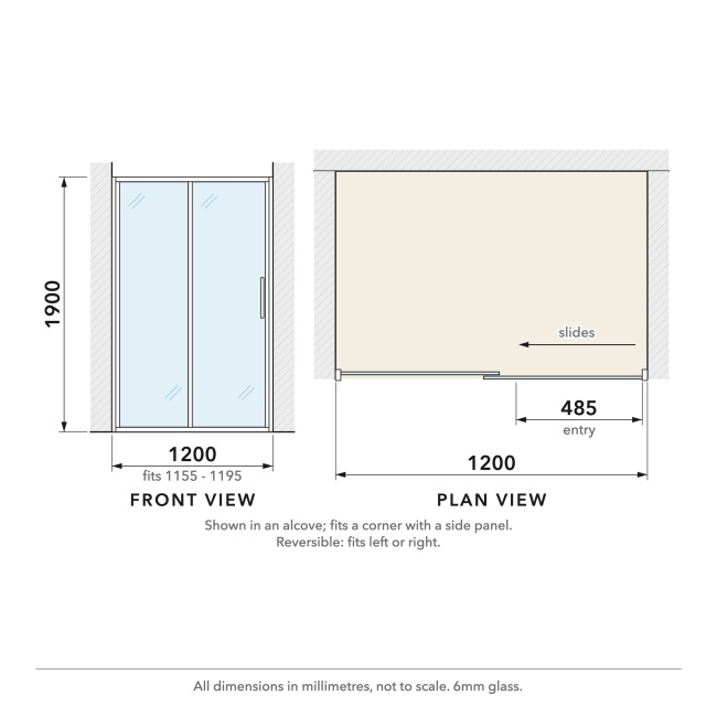 Delphi Calibre Chrome 6mm Sliding Shower Door 1200mm Wide  | Dimension Image