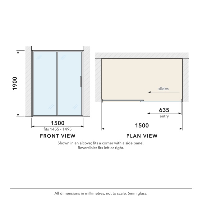 Delphi Calibre Chrome 6mm Sliding Shower Door 1500mm Wide  | Dimension Image