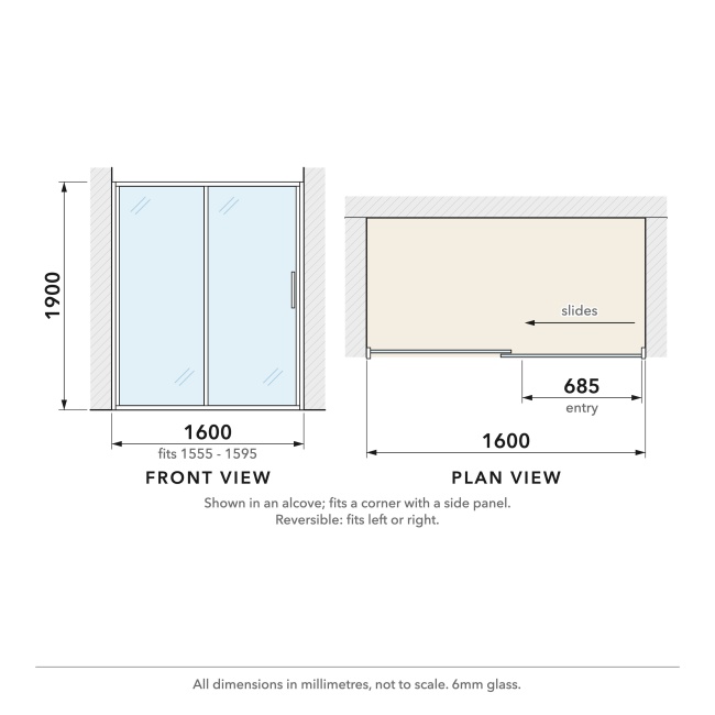 Delphi Calibre Matt Black 6mm Sliding Shower Door 1600mm Wide  | Dimension Image