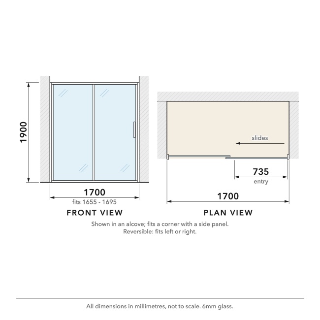 Delphi Calibre Chrome 6mm Sliding Shower Door 1700mm Wide  | Dimension Image