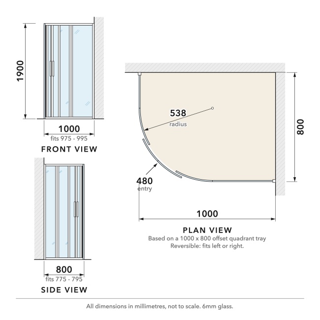 Delphi Calibre Chrome 6mm Offset Quadrant Shower Enclosure 1000mm x 800mm  | Dimension Image