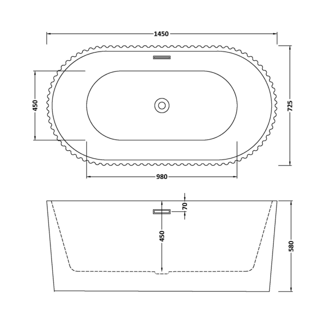Delphi Canyon Fluted Oval Freestanding Bath 1450mm x 725mm  | Dimension Image