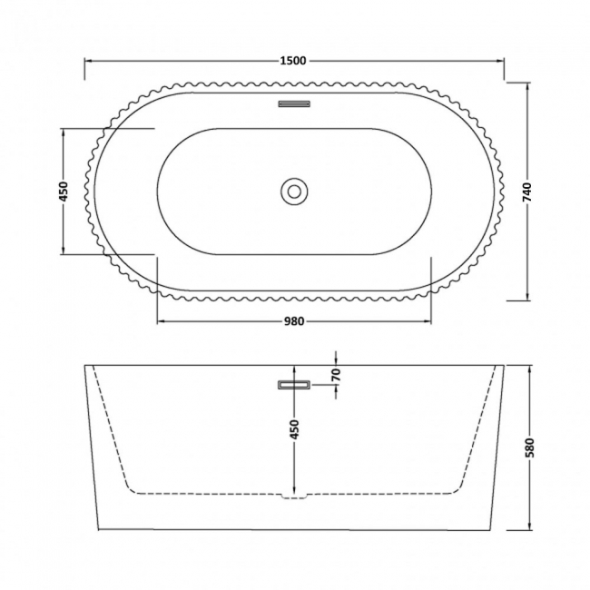 Delphi Canyon Fluted Oval Freestanding Bath 1500mm x 740mm  | Dimension Image
