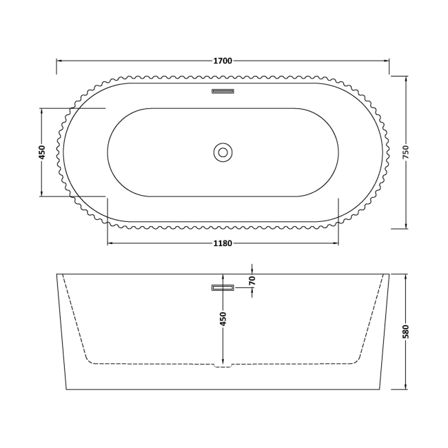 Delphi Canyon Fluted Oval Freestanding Bath 1700mm x 750mm  | Dimension Image