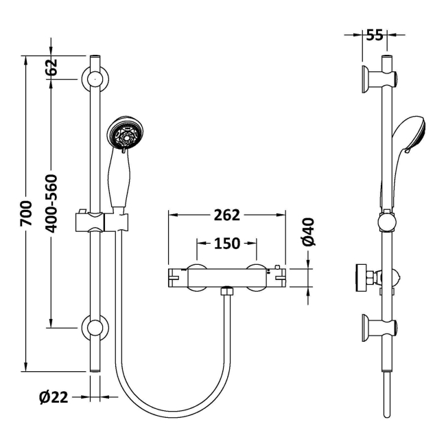 Delphi Cara Round Brushed Brass Bar Mixer Shower Set with Slide Rail Kit  | Dimension Image