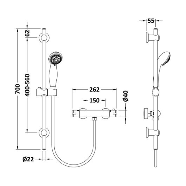 Delphi Cara Round Chrome Bar Mixer Shower Set with Slide Rail Kit  | Dimension Image